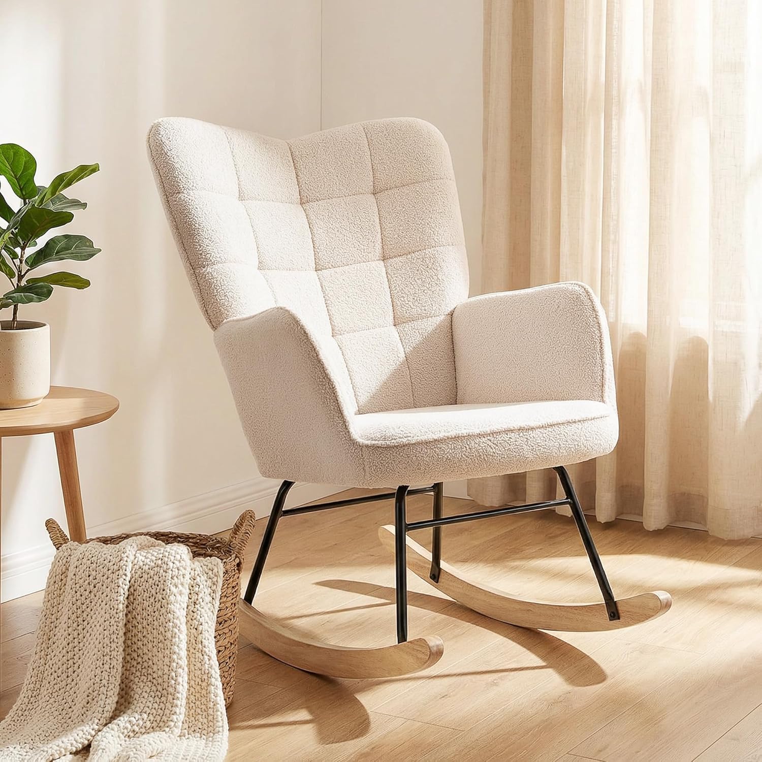 🔥 PRIX FLASH | Fauteuil à Bascule en velour Homcom – Structure en Acier, Pieds en Bois Mas