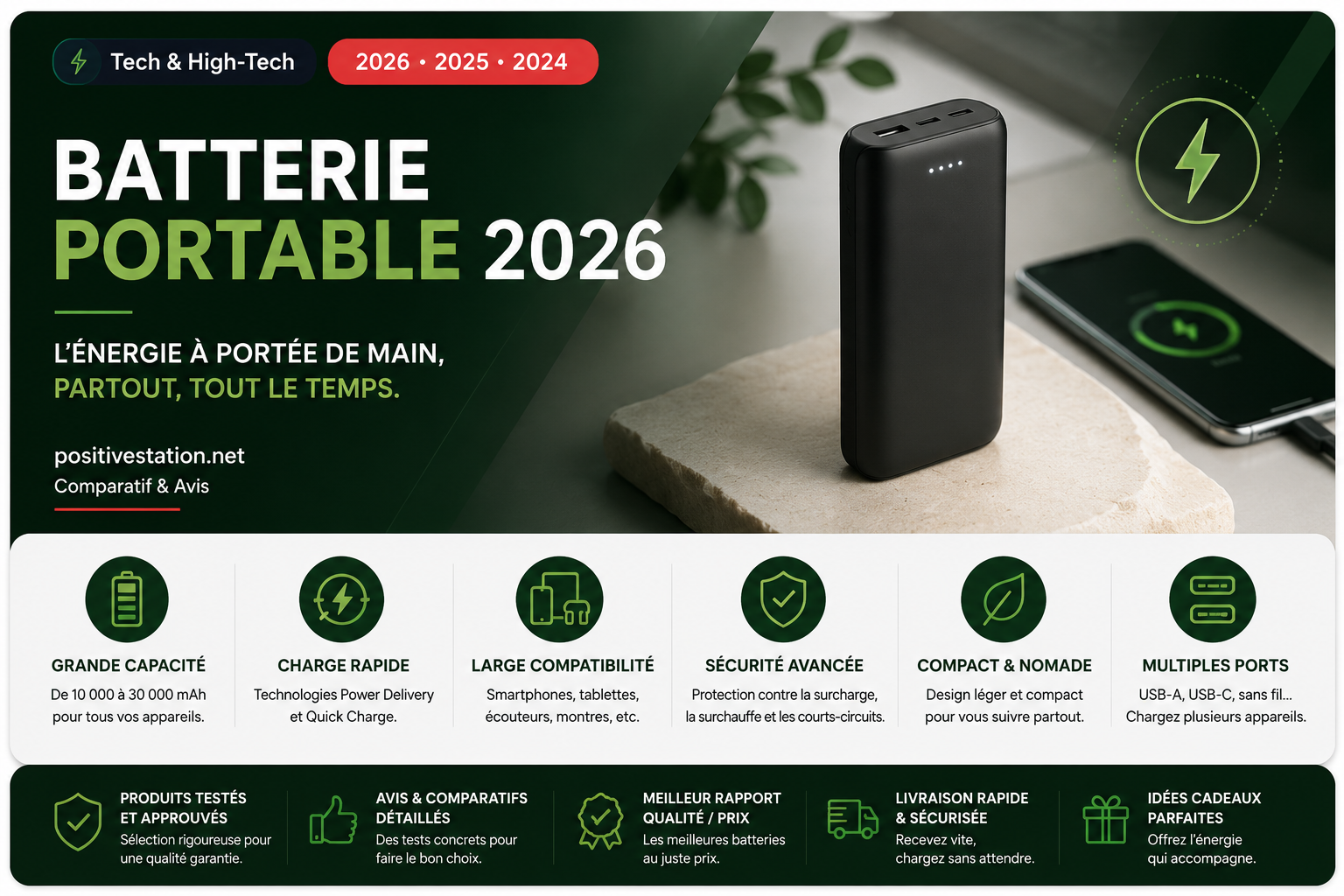 Meilleure batterie portable 2026 : comparatif powerbank (10000 à 25000 mAh)
