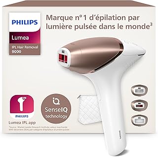 Philips Lumea série 9000, Épilateur à lumière pulsée, alternative à l'épilation laser, technologie SenseIQ, 3 accessoires pour corps, visage et zones de précision, usage avec ou sans fil, BRI955/00 niche philips lumea serie 9000 epilateur a lum